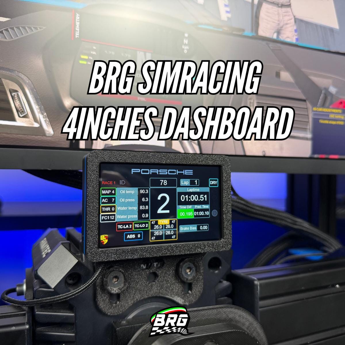 BRG Simracing Dashboard 4 Inch Screen – Compact Design, Plug and Play